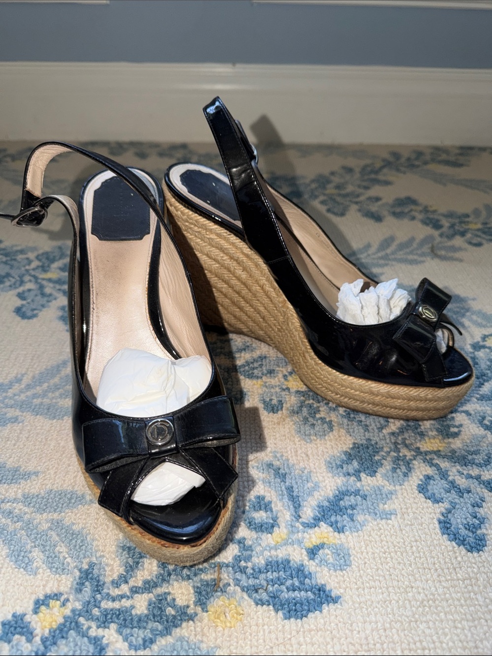 Christian Dior Black Patent Leather Bow Espadrille Wedge Sandals 38.5